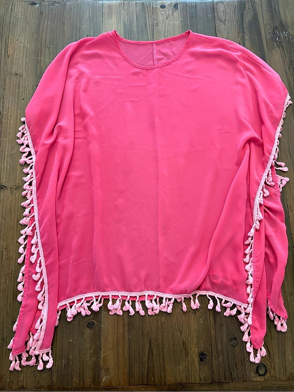 Adreamly Rose Red Chiffon Tassel Kaftan Swimsuit Beach Cover Up Free Size